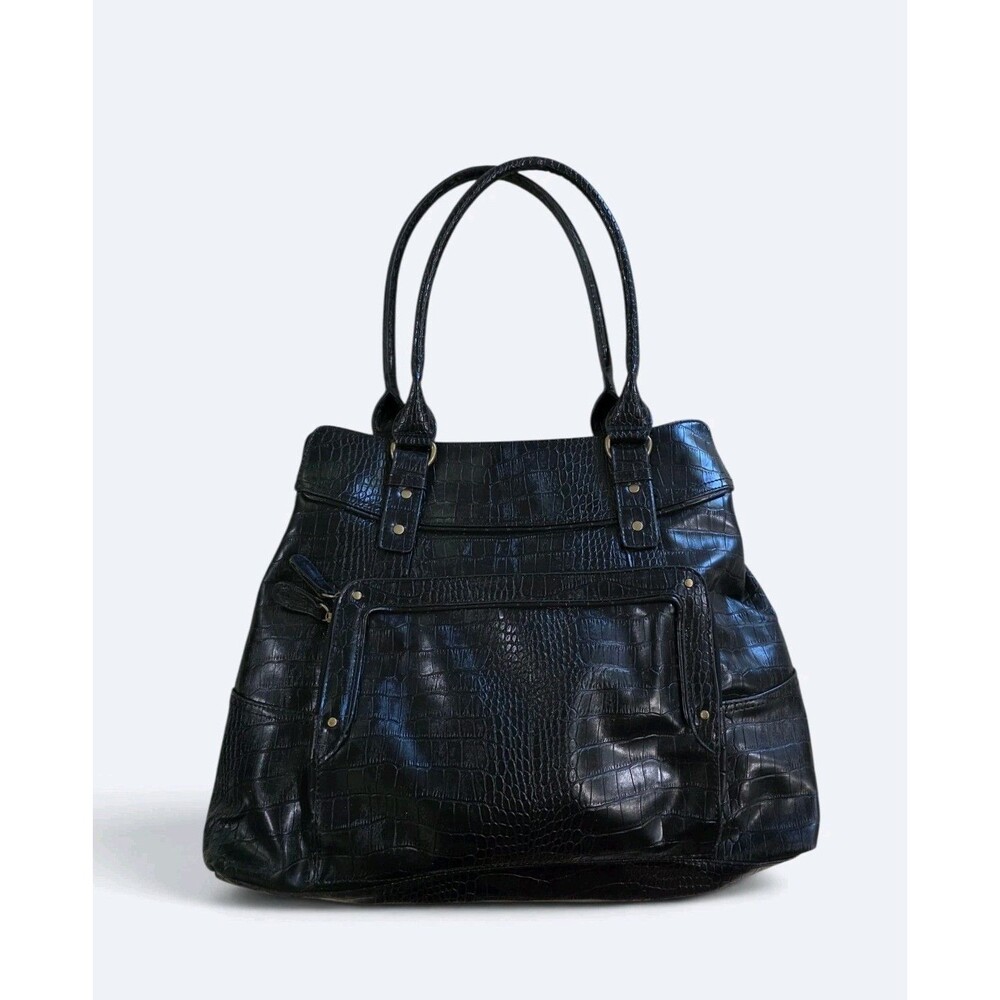 Emilie M Black Faux Croc Shoulder Tote Bag Handbag Multi Compartment